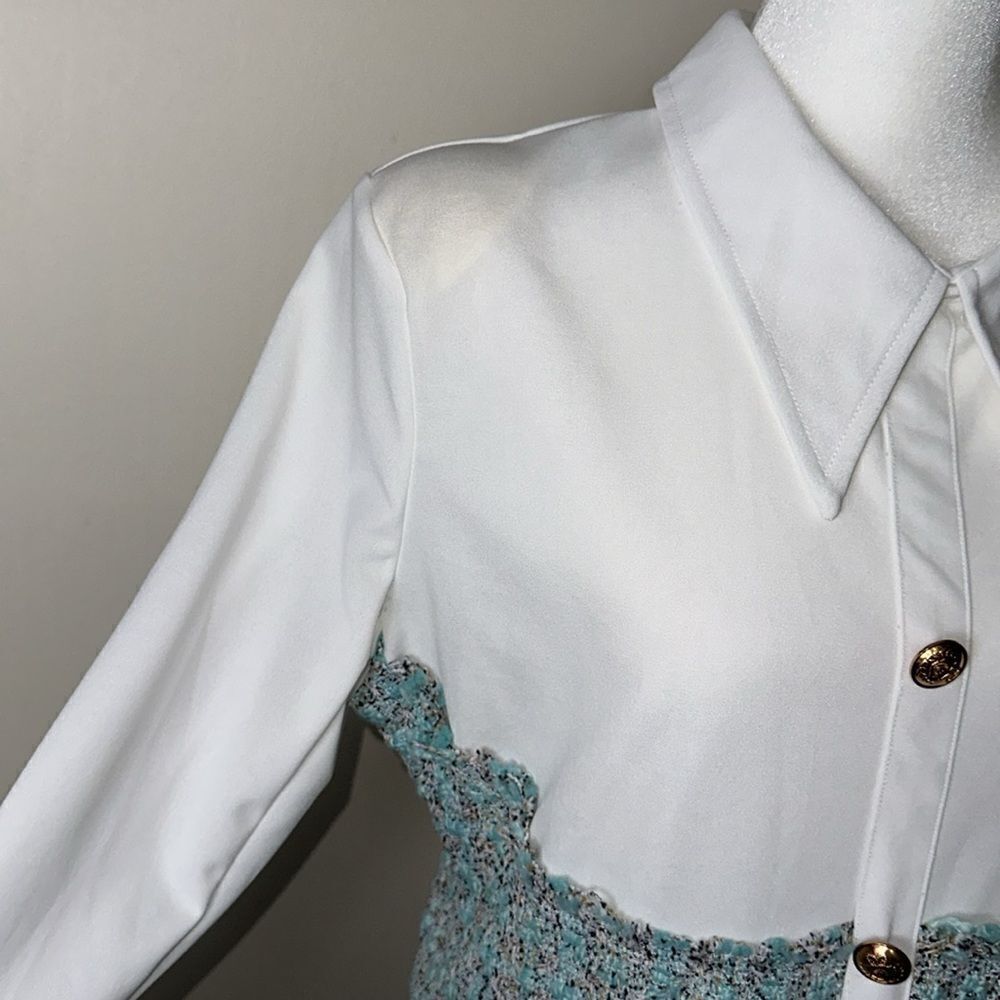 Jenifer Elegant White Tiffany Blue Boucle Tweed Long Sleeve Mini Dress - Picture 11 of 16